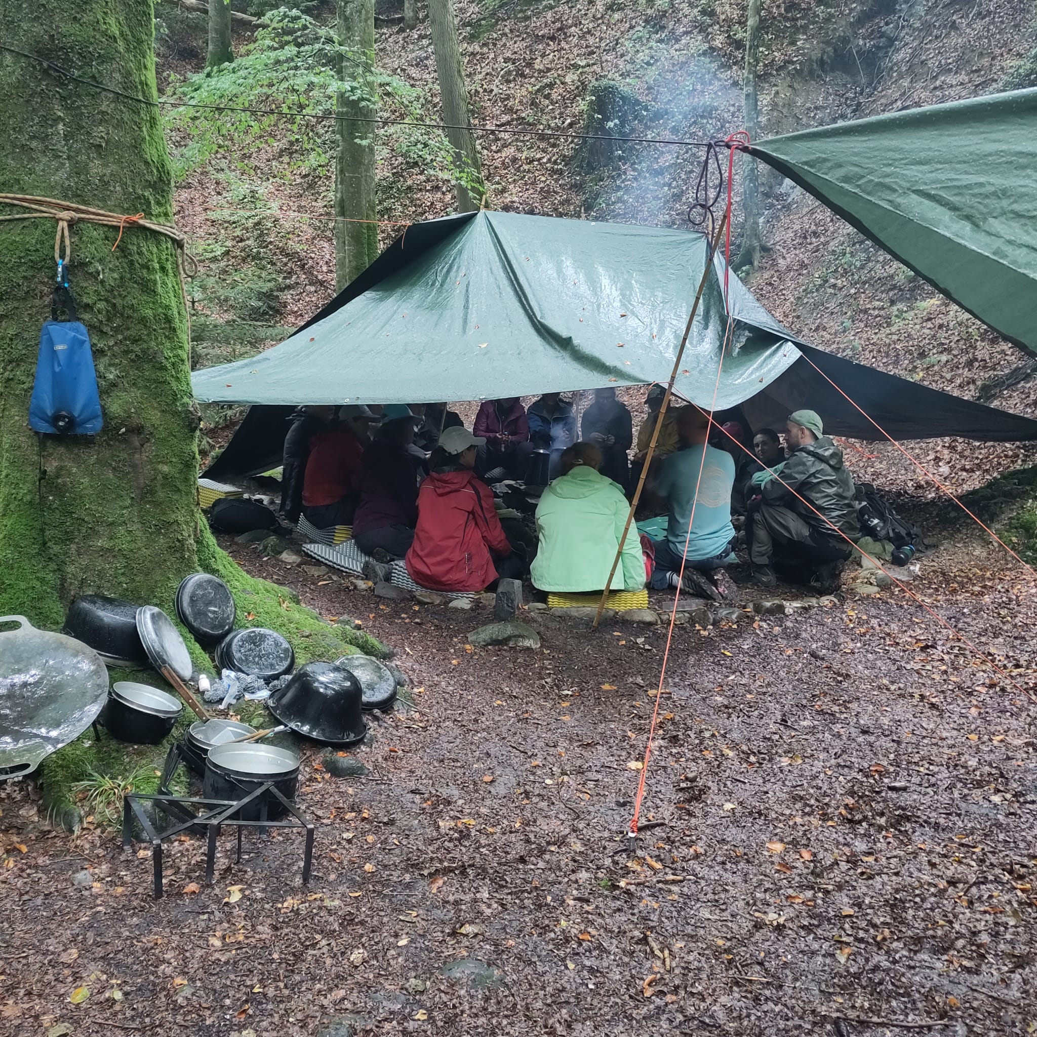 Eine Waldspielgruppe sitzt am Lagerfeuer